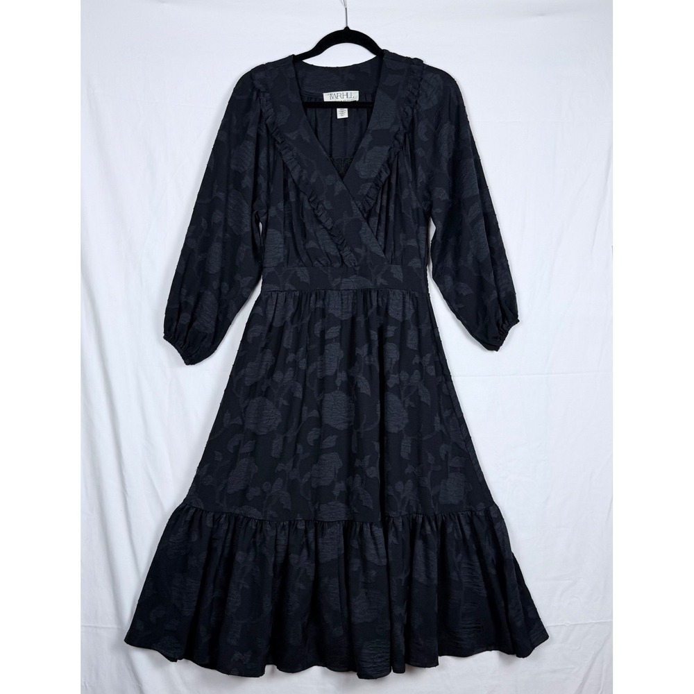 Black Puff Sleeve Midi Dress M Tiered Ruffle Fairy Grunge Prairie Witchy Lace